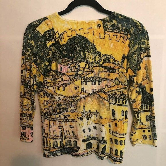 Roberta Fratelli Small Italian Village Print V Neck Sweater 3/4 Sleeves - Picture 4 of 5